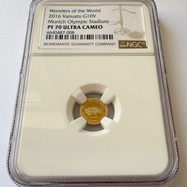 10 VATU 2016 AUR STADIONUL OLIMPIC MUNCHEN GRADATĂ NGC PF 70 ULTRA CAMEO (TOP POP)