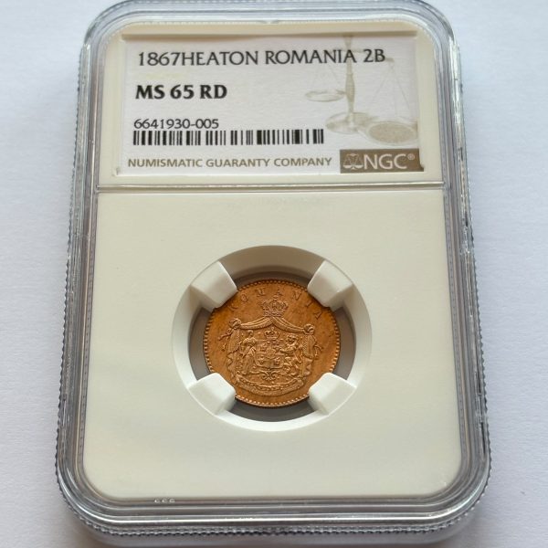 2 BANI 1867 VARIANTA HEATON GRADATĂ NGC MS 65 RD
